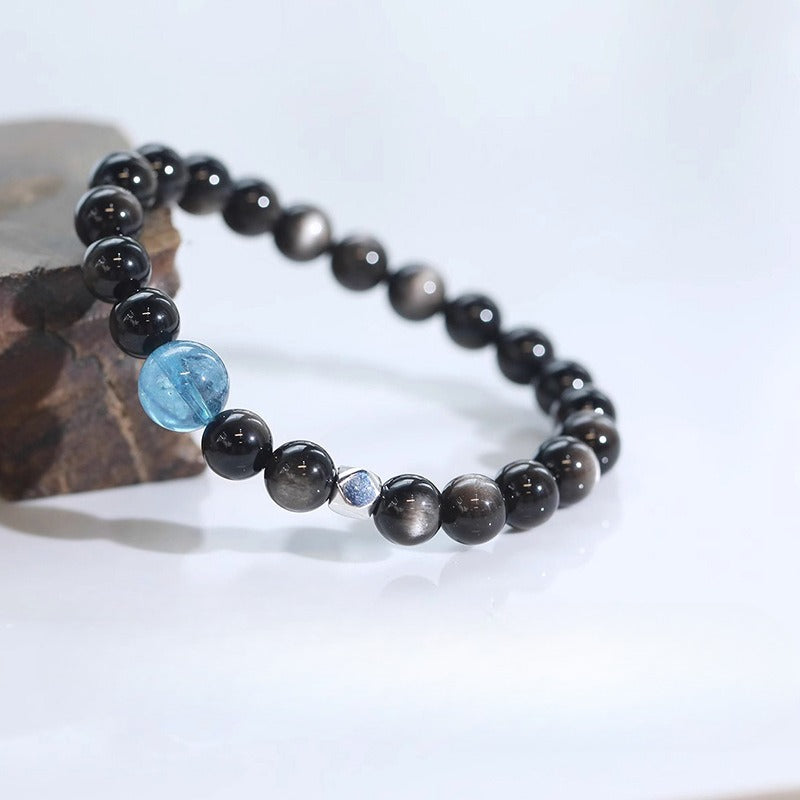 Zen Healing Silver Sheen Obsidian Aquamarine Protection Bracelet