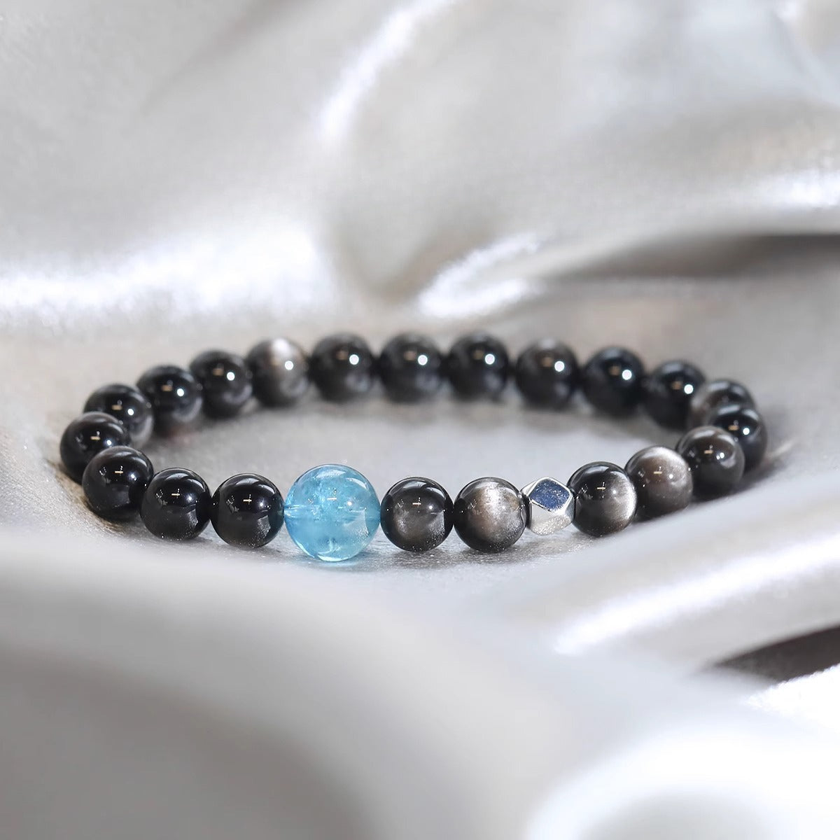 Zen Healing Silver Sheen Obsidian Aquamarine Protection Bracelet