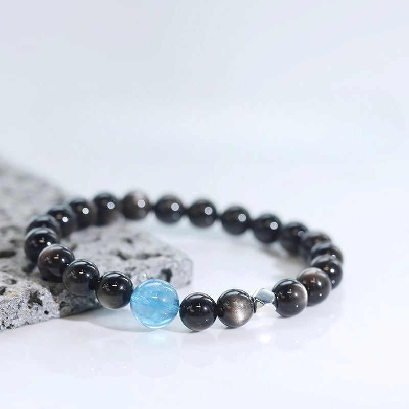 Zen Healing Silver Sheen Obsidian Aquamarine Protection Bracelet