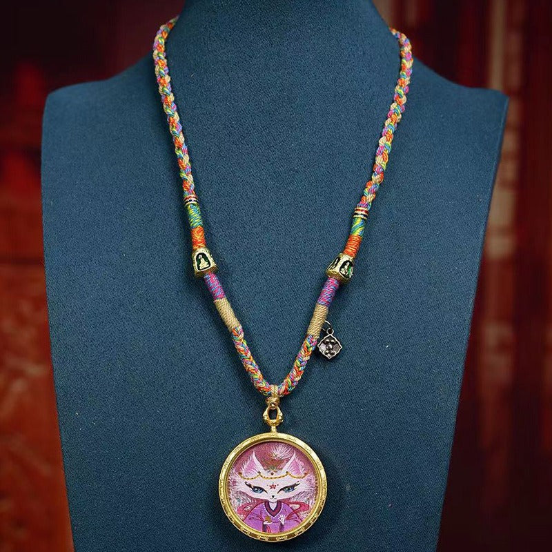 Zen Healing Tibet Hand-Painted Fox Amulet Prtection Braided Necklace