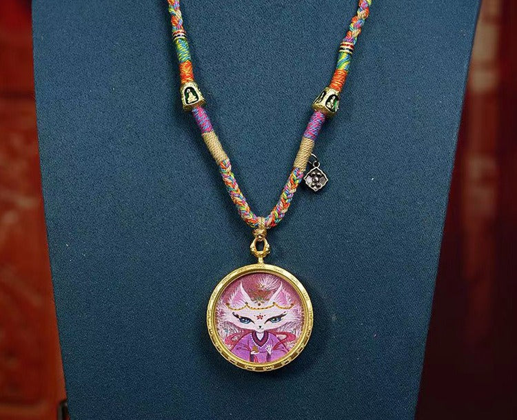 Zen Healing Tibet Hand-Painted Fox Amulet Prtection Braided Necklace
