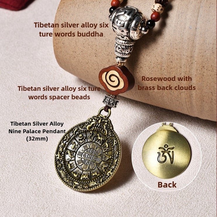 Zen Healing Tibetan 108 Mala Beads Silver Vajra Nine Palace Pendant Multi-Treasure Meditation Bracelet Necklace