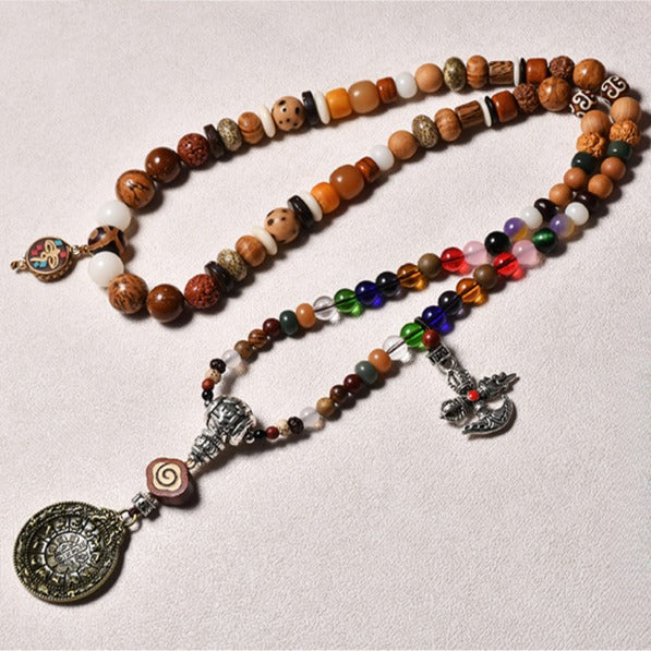 Zen Healing Tibetan 108 Mala Beads Silver Vajra Nine Palace Pendant Multi-Treasure Meditation Bracelet Necklace
