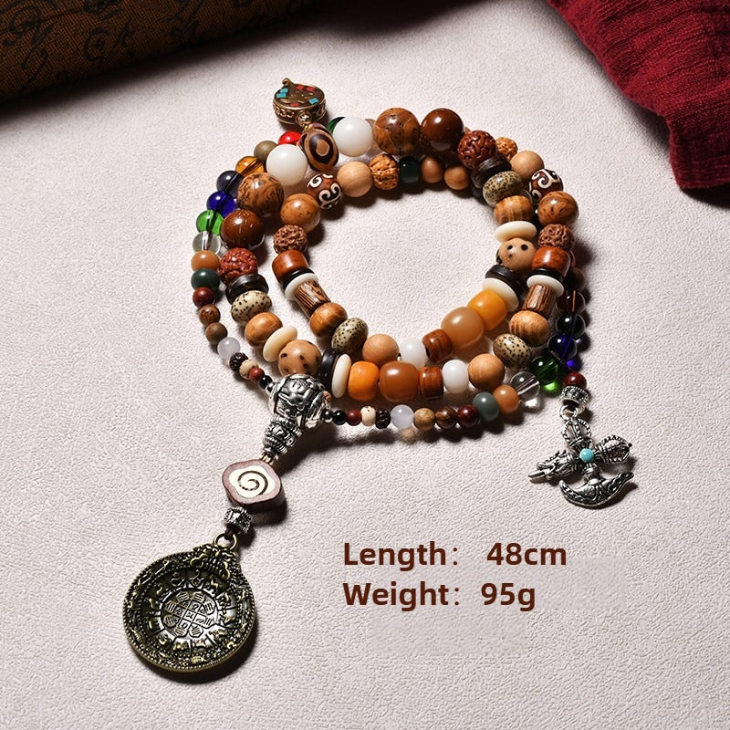 Zen Healing Tibetan 108 Mala Beads Silver Vajra Nine Palace Pendant Multi-Treasure Meditation Bracelet Necklace