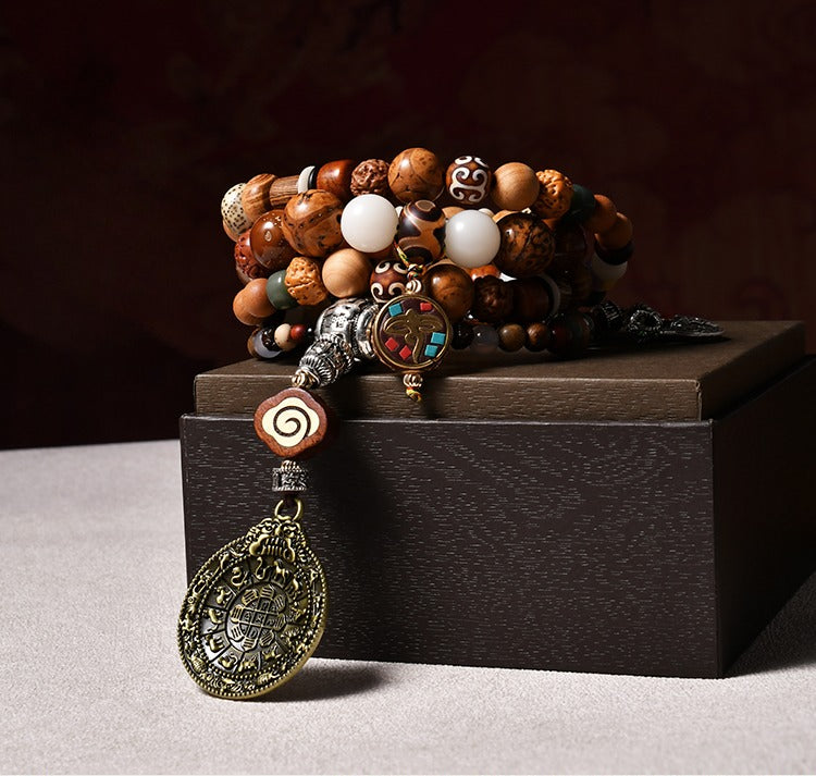 Zen Healing Tibetan 108 Mala Beads Silver Vajra Nine Palace Pendant Multi-Treasure Meditation Bracelet Necklace