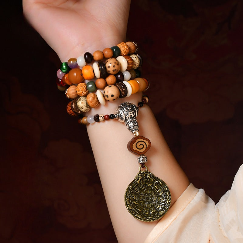 Zen Healing Tibetan 108 Mala Beads Silver Vajra Nine Palace Pendant Multi-Treasure Meditation Bracelet Necklace