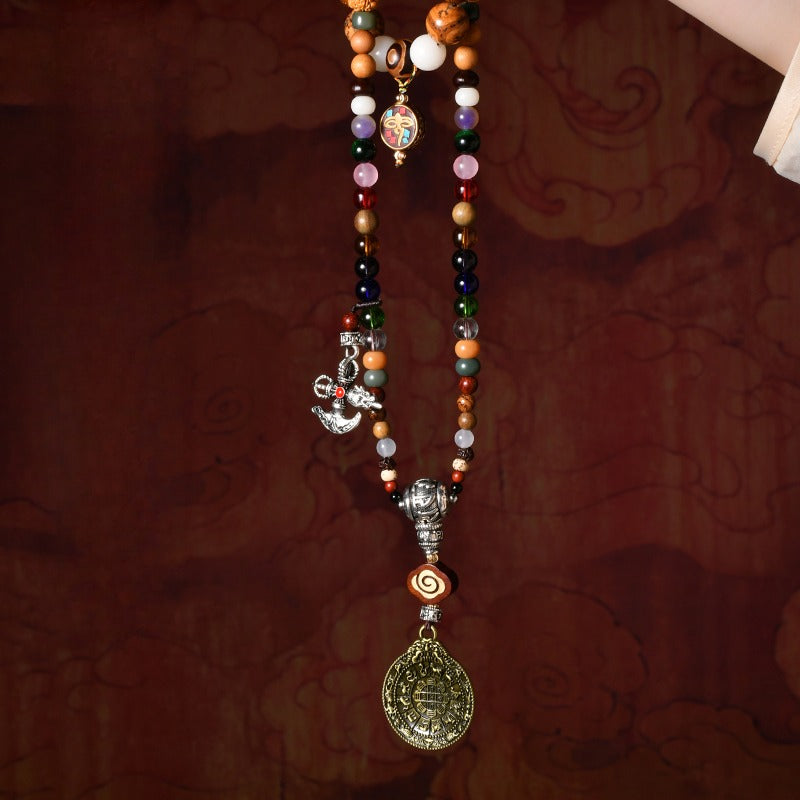Zen Healing Tibetan 108 Mala Beads Silver Vajra Nine Palace Pendant Multi-Treasure Meditation Bracelet Necklace
