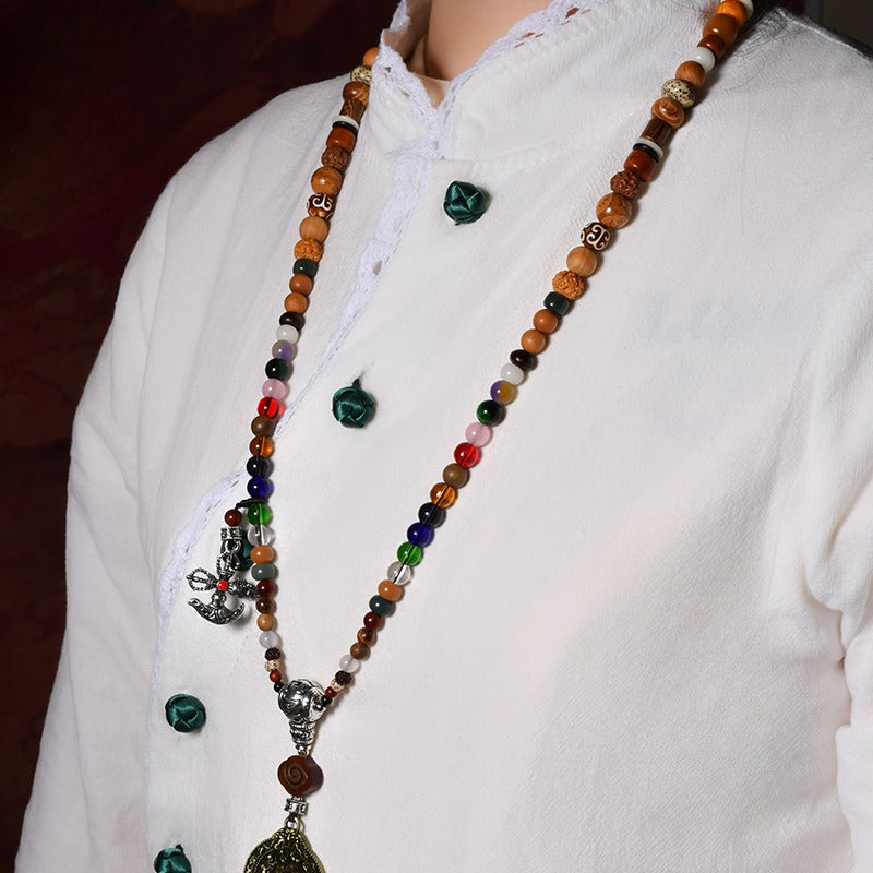 Zen Healing Tibetan 108 Mala Beads Silver Vajra Nine Palace Pendant Multi-Treasure Meditation Bracelet Necklace