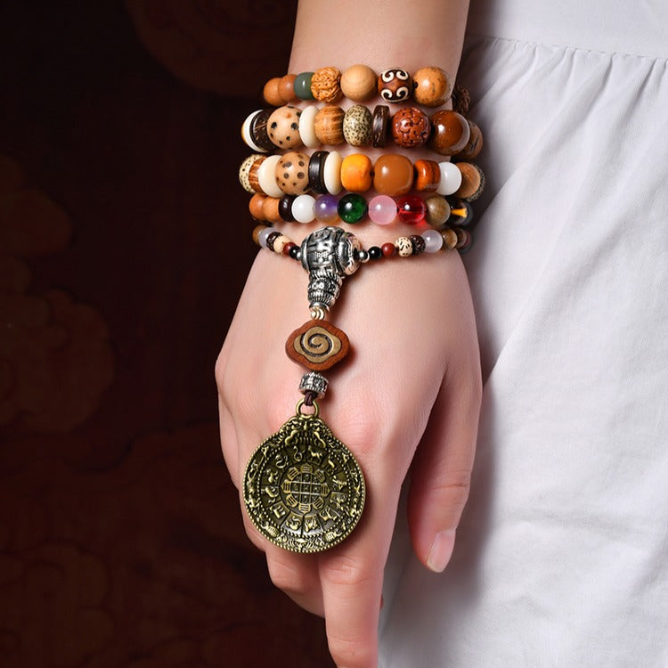 Zen Healing Tibetan 108 Mala Beads Silver Vajra Nine Palace Pendant Multi-Treasure Meditation Bracelet Necklace