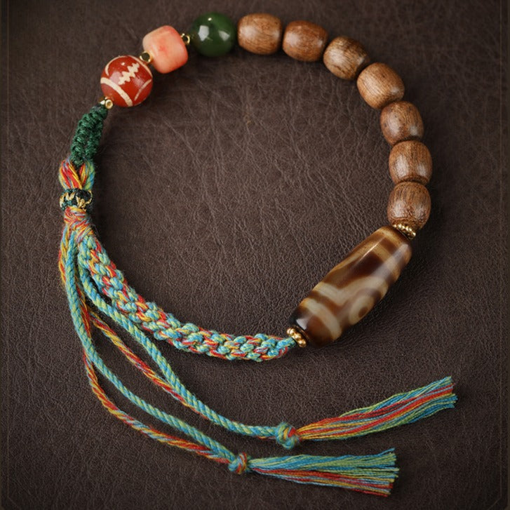 Zen Healing Tibetan Agarwood Agate Dzi Bead Protection Braided Bracelet