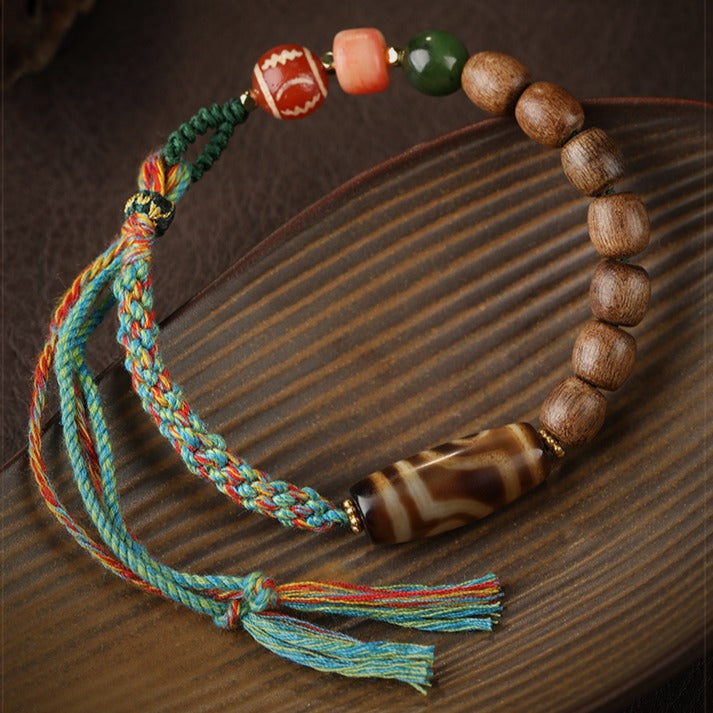 Zen Healing Tibetan Agarwood Agate Dzi Bead Protection Braided Bracelet