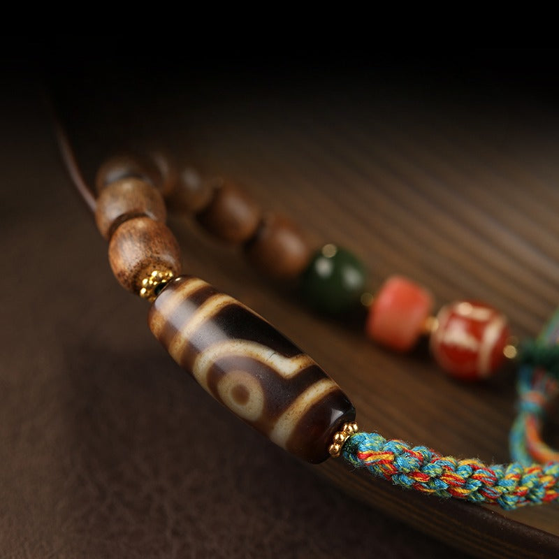 Zen Healing Tibetan Agarwood Agate Dzi Bead Protection Braided Bracelet