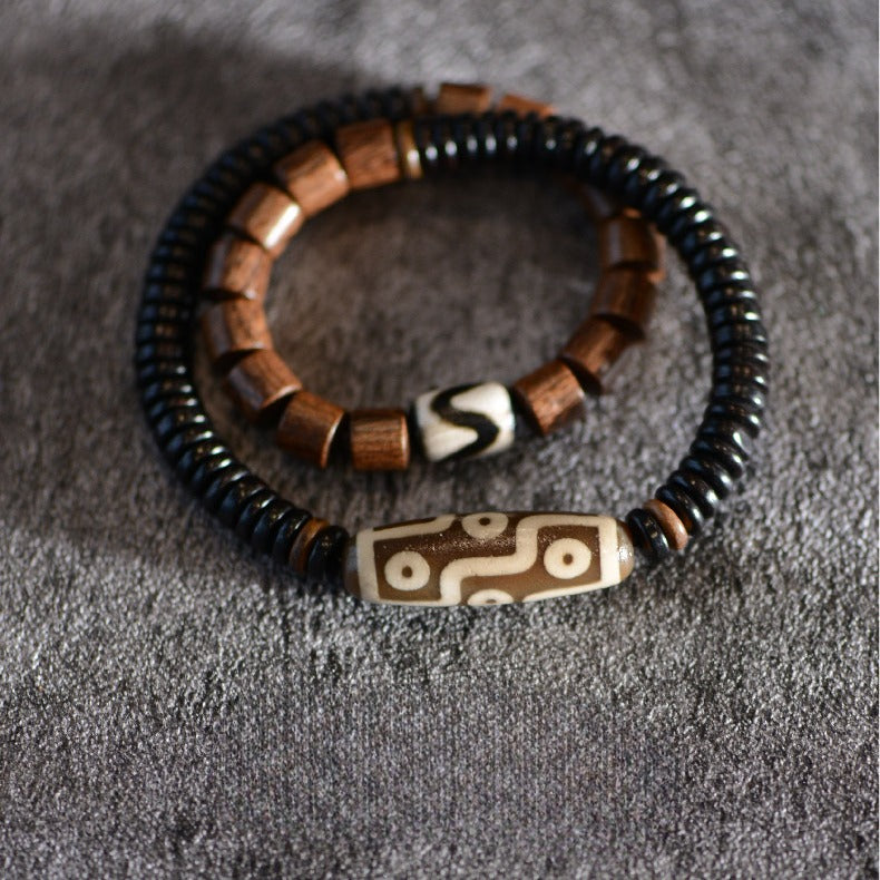 Zen Healing Tibetan Ebony Sandalwood Agate Nine-Eye Dzi Bead Protection Double Wrap Bracelet