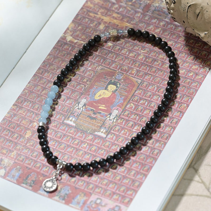 Zen Healing Tibetan Ebony Wood Aquamarine Nine Palaces Eight Trigrams Harmony Double Wrap Bracelet