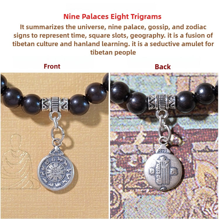 Zen Healing Tibetan Ebony Wood Aquamarine Nine Palaces Eight Trigrams Harmony Double Wrap Bracelet
