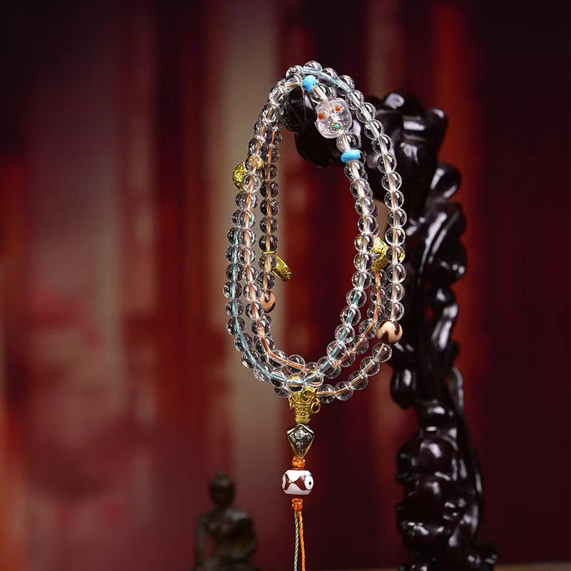 Zen Healing Tibetan Natural White Quartz Agate Dzi Bead Meditation Healing Multilayer Mala