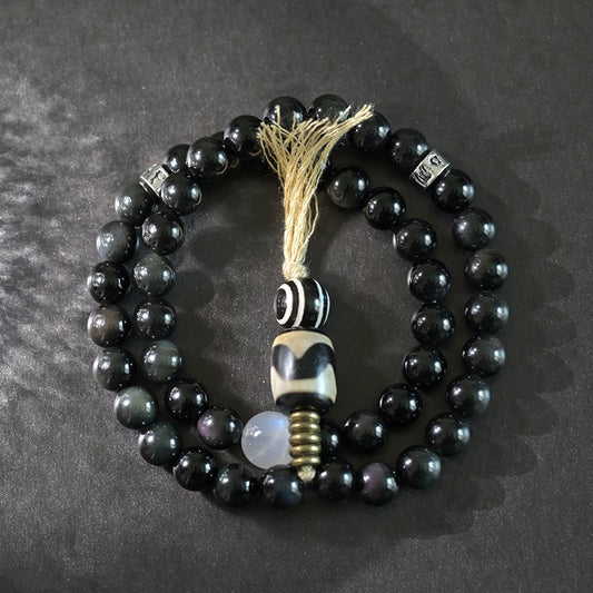 Zen Healing Tibetan Obsidian Blue Moonstone Dzi Clam Double Wrap Bracelet