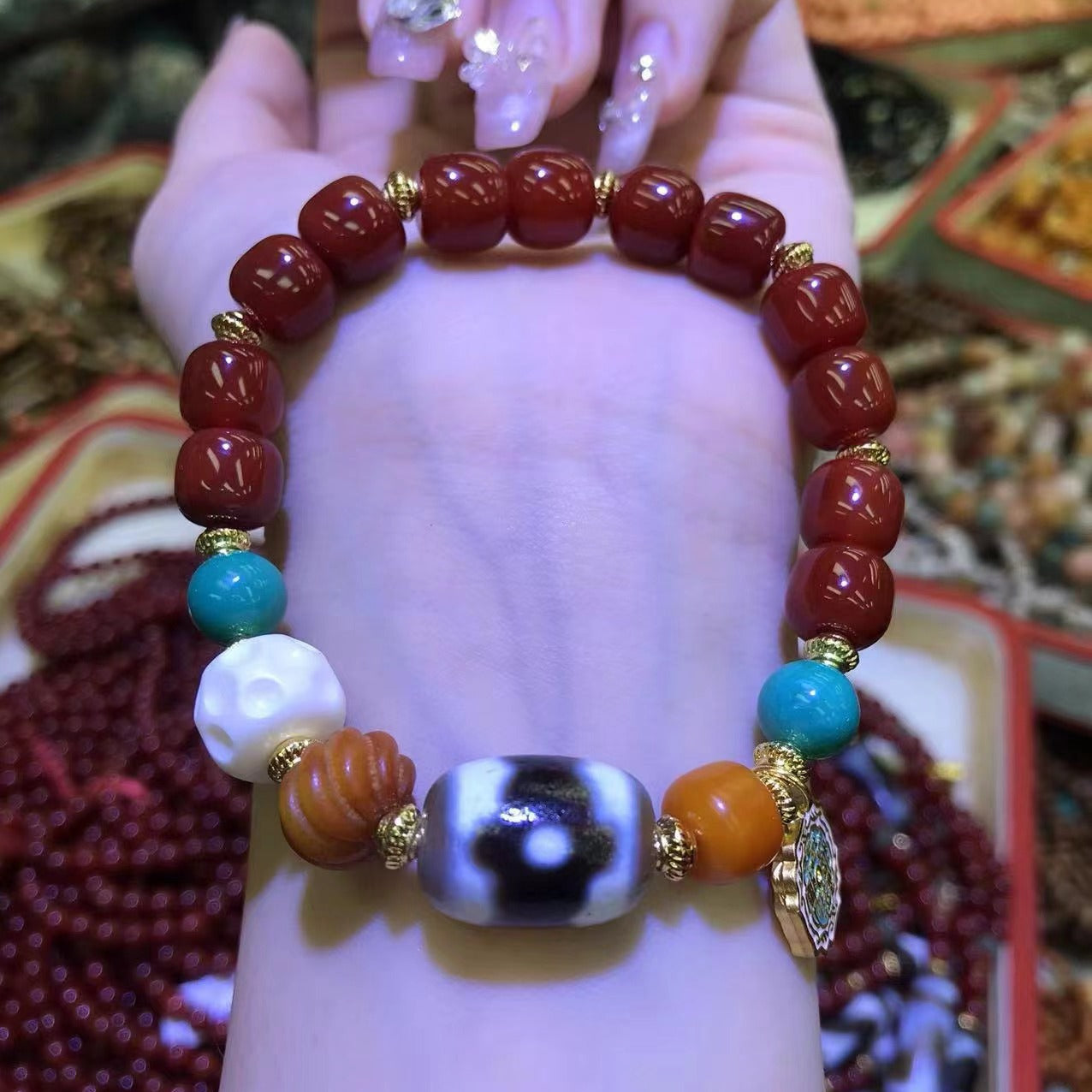 Zen Healing Tibetan Southern Red Agate Three-Eye Dzi Bead Yak Bone Prosperity Bracelet