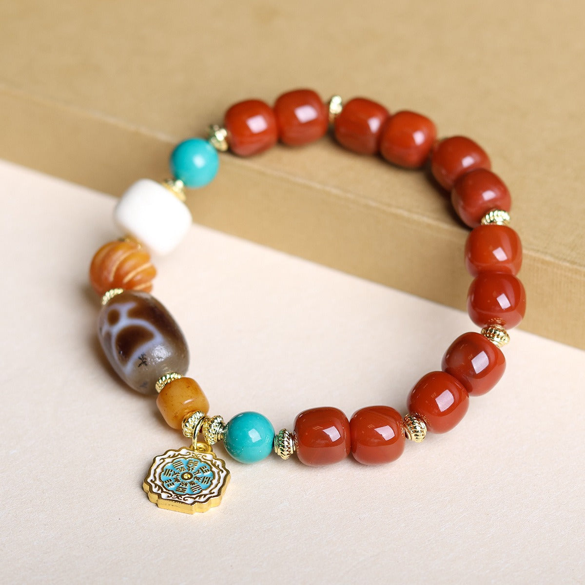 Zen Healing Tibetan Southern Red Agate Three-Eye Dzi Bead Yak Bone Prosperity Bracelet