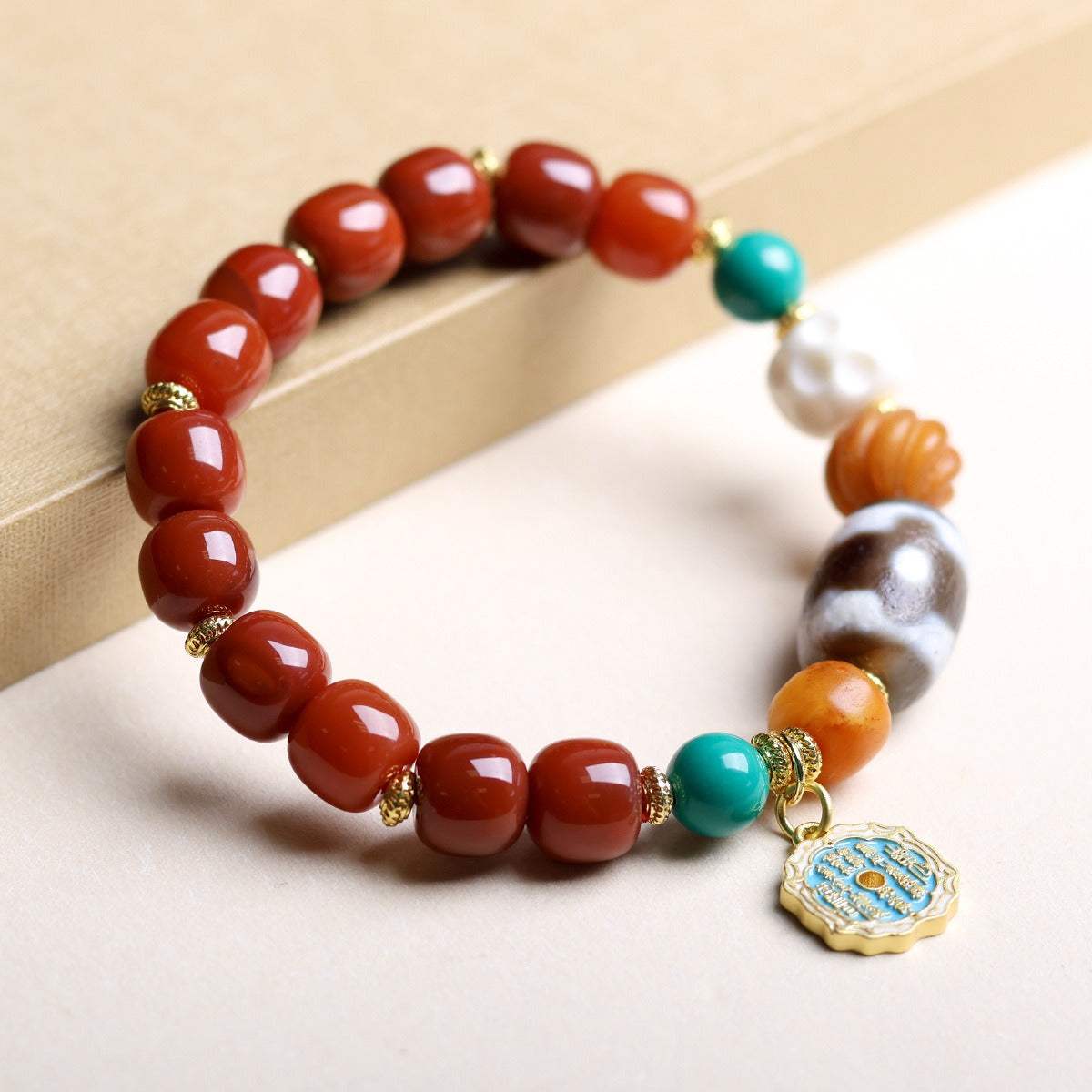 Zen Healing Tibetan Southern Red Agate Three-Eye Dzi Bead Yak Bone Prosperity Bracelet