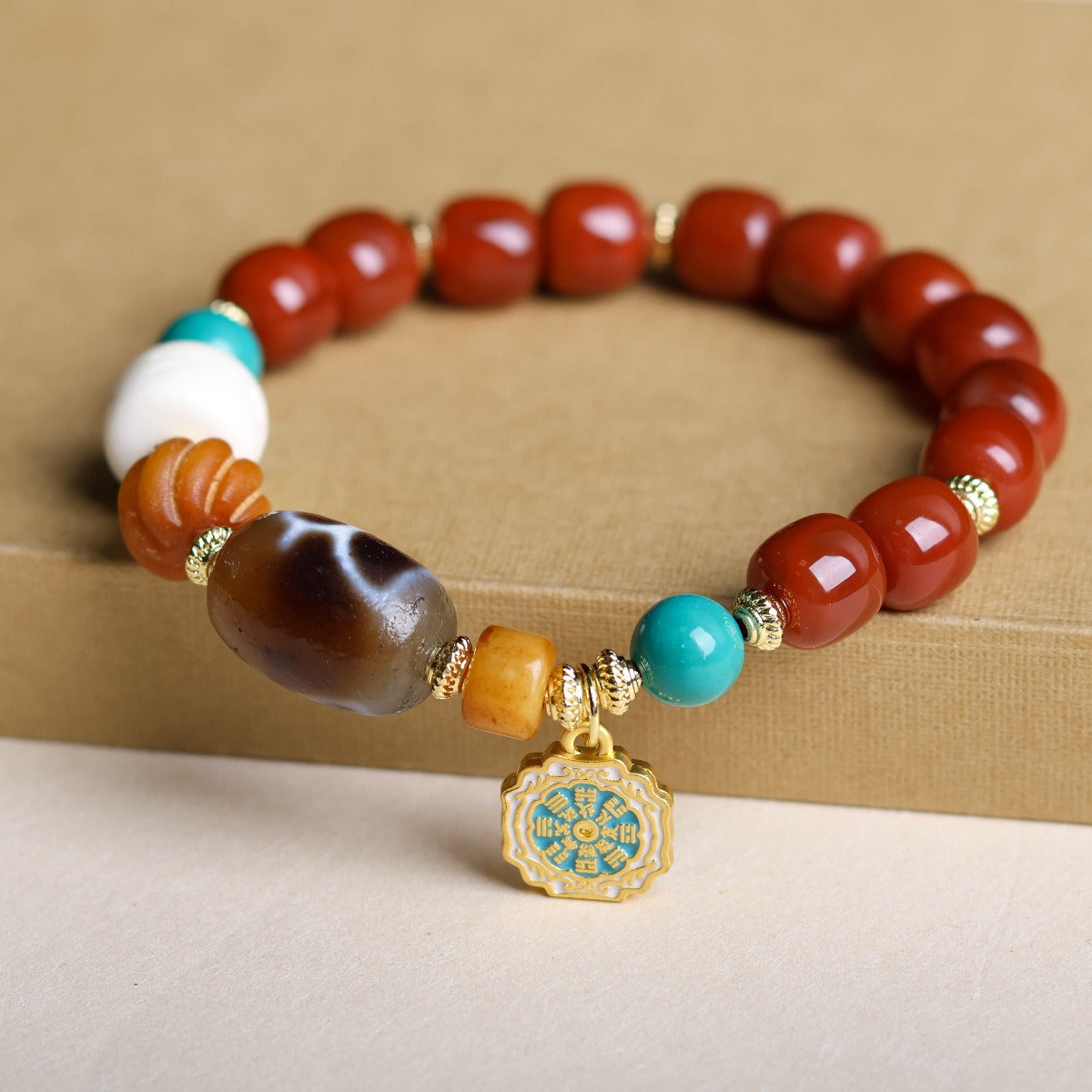 Zen Healing Tibetan Southern Red Agate Three-Eye Dzi Bead Yak Bone Prosperity Bracelet