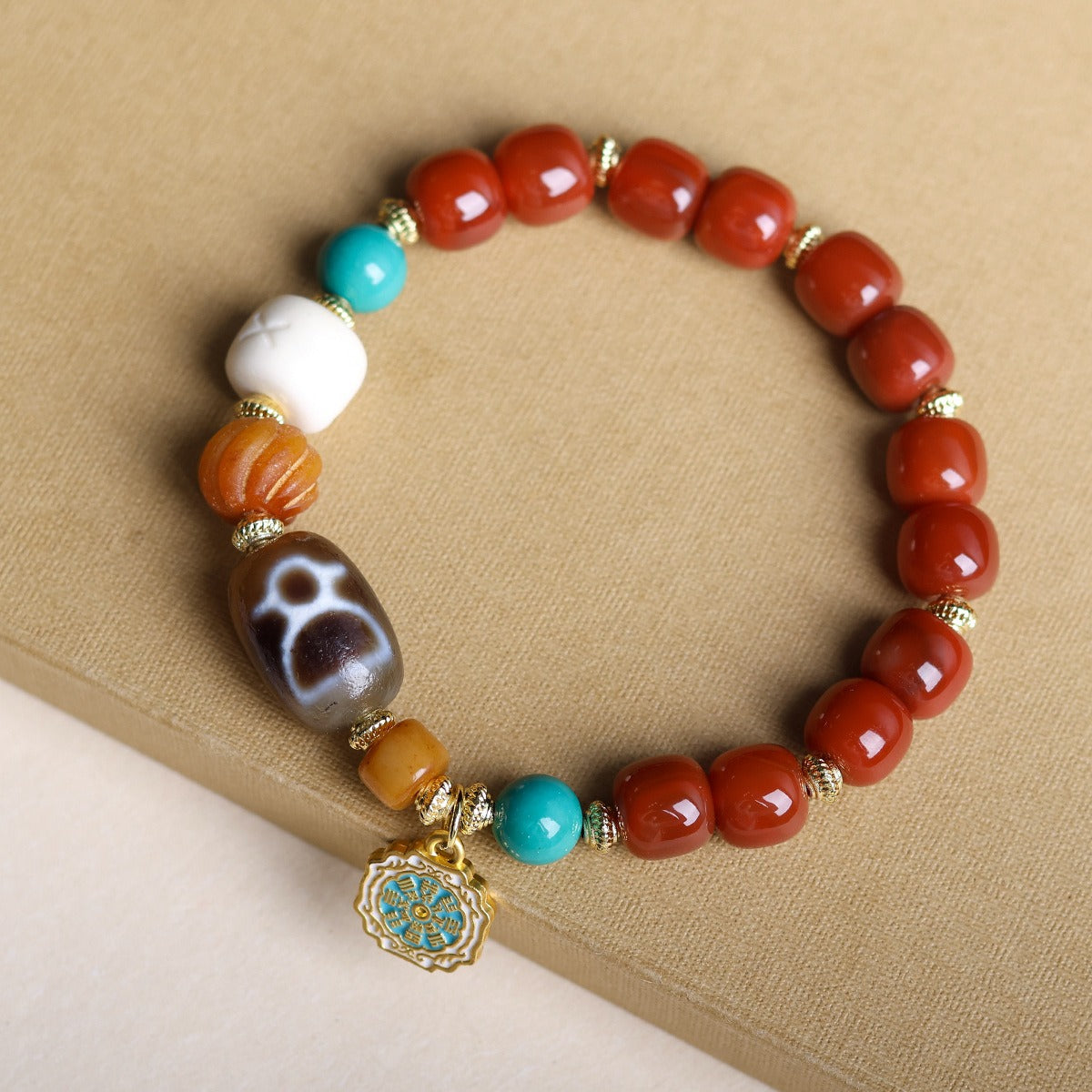 Zen Healing Tibetan Southern Red Agate Three-Eye Dzi Bead Yak Bone Prosperity Bracelet
