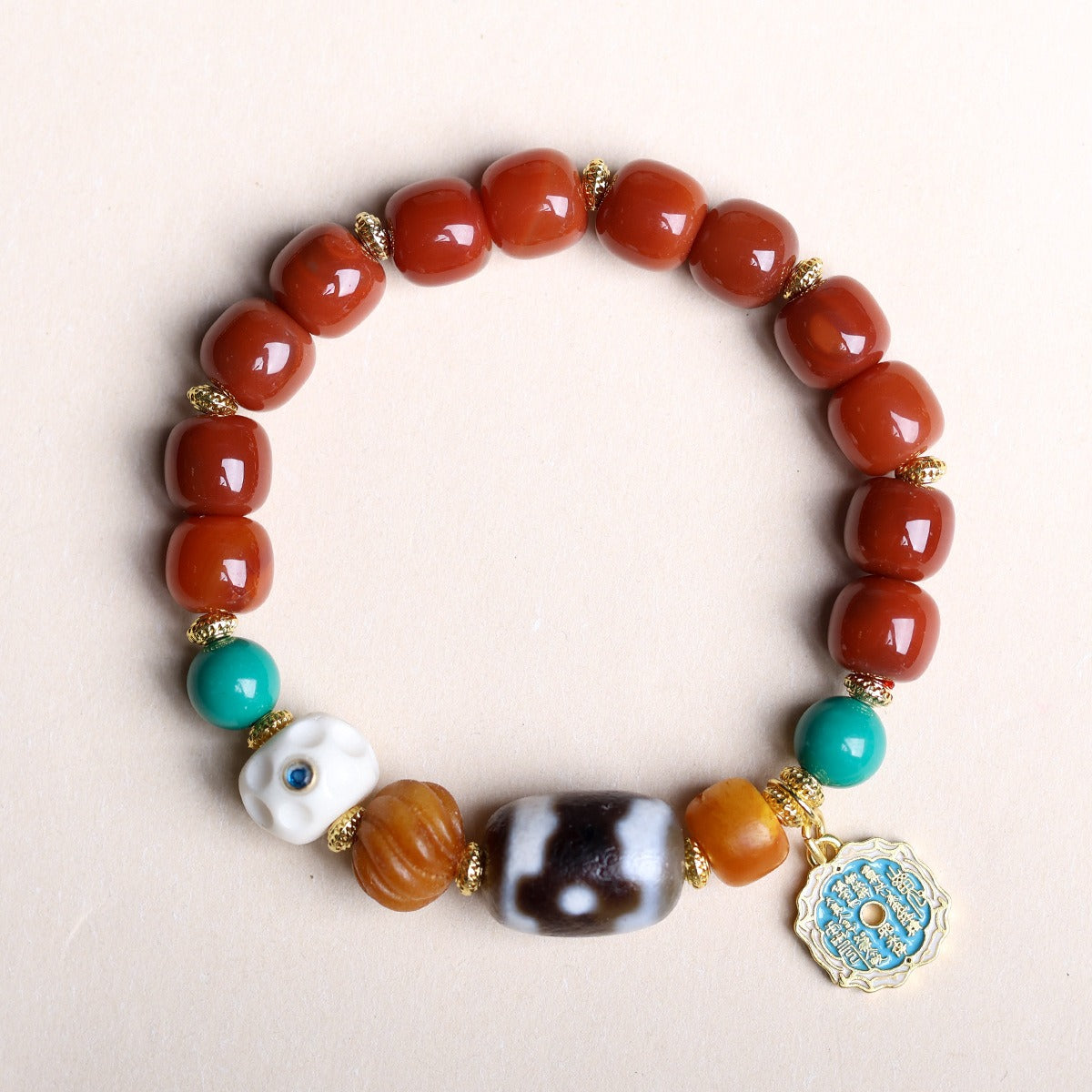 Zen Healing Tibetan Southern Red Agate Three-Eye Dzi Bead Yak Bone Prosperity Bracelet