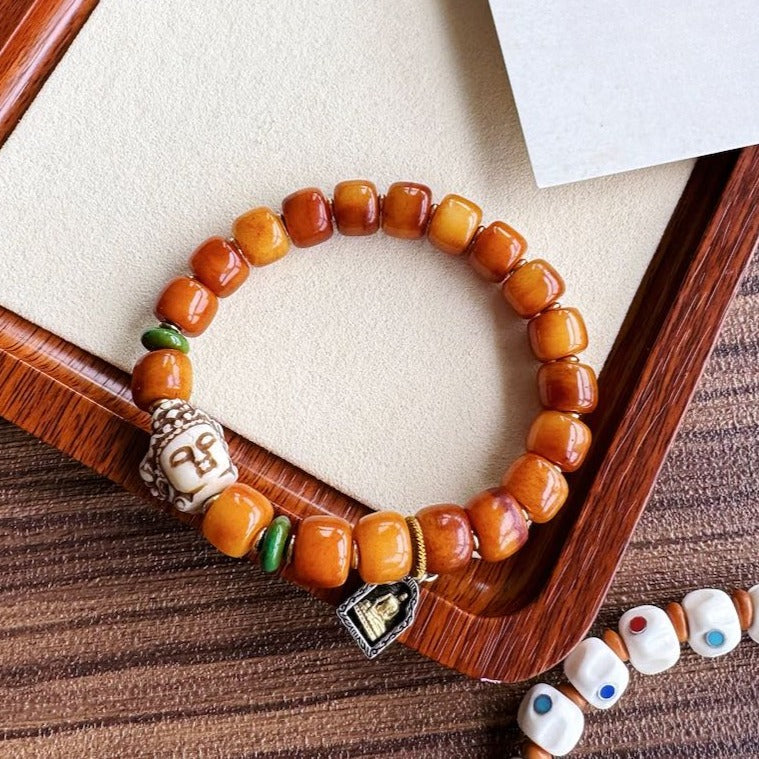 Zen Healing Tibetan Yak Bone Buddha Pendant Blessing Bracelet