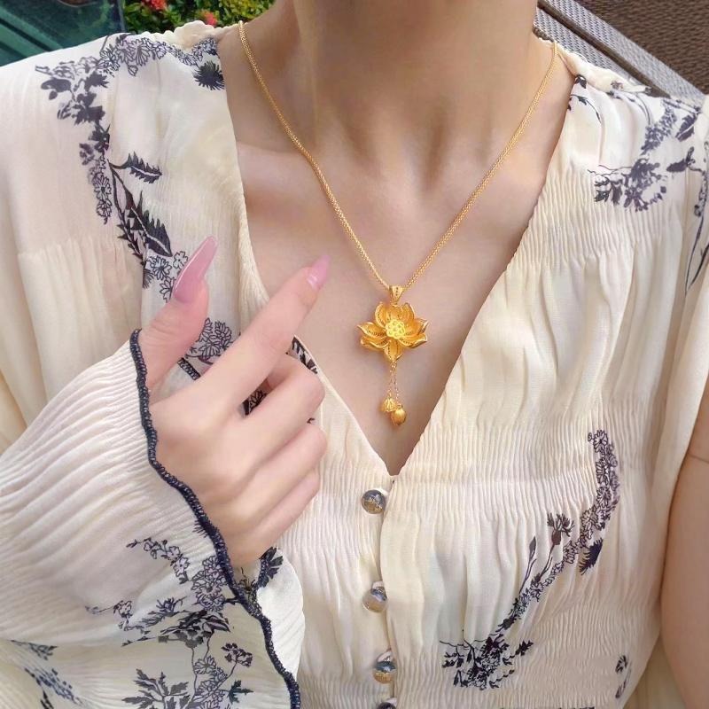 Zen Healing Vietnamese Sand Gold Lotus Pendant Blessing Necklace