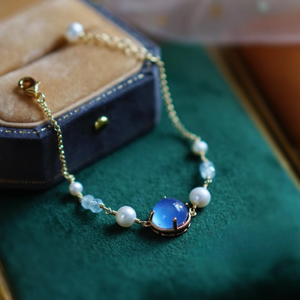 Zen Healing Vintage Blue Agate Pearl Clam Bracelet