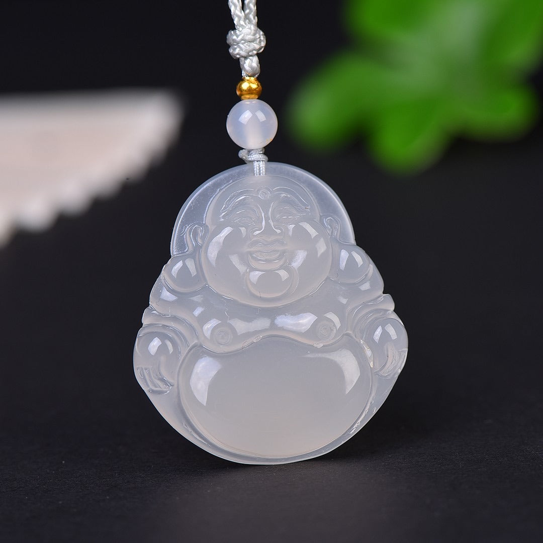 Zen Healing White Jade Good Luck Laughing Buddha Necklace