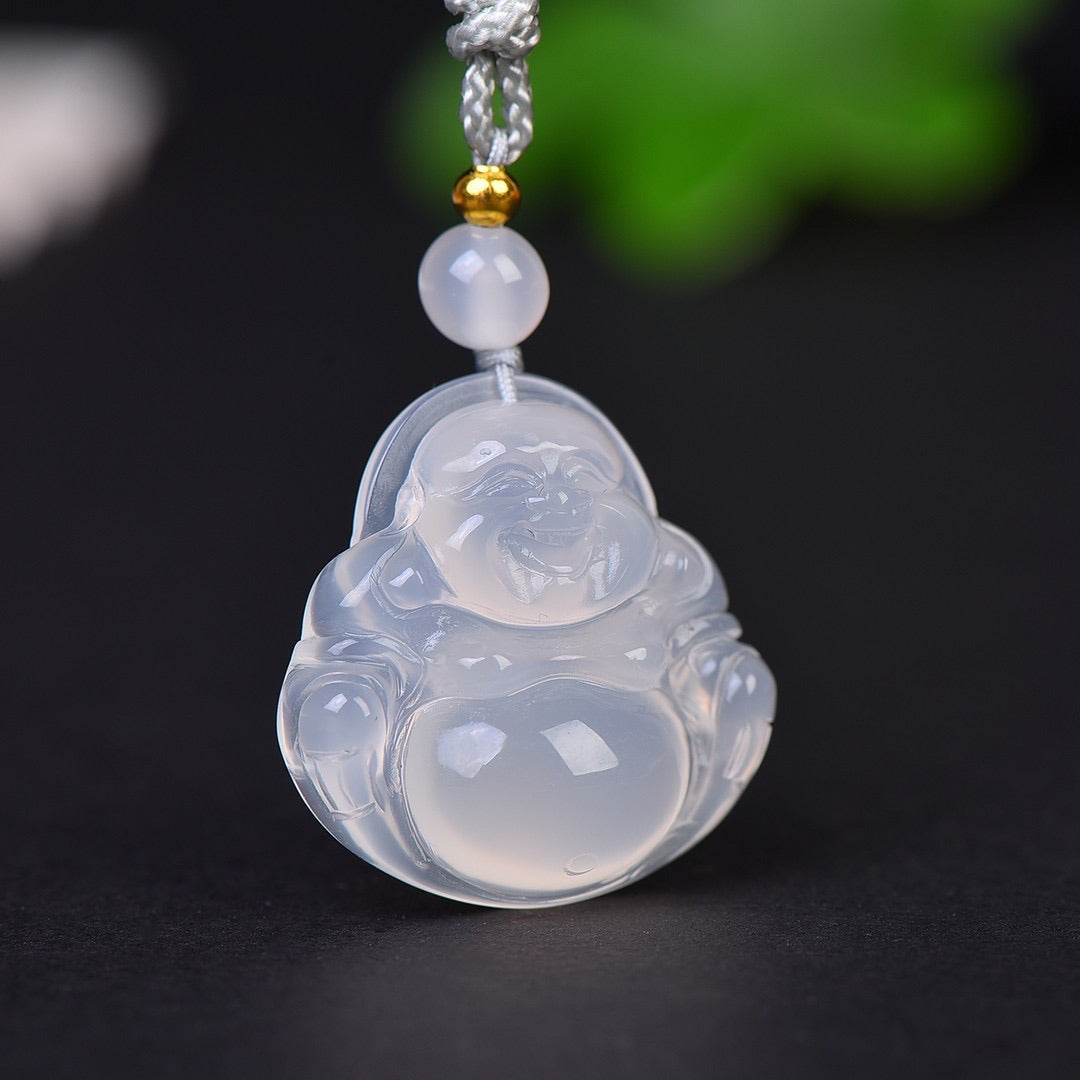 Zen Healing White Jade Good Luck Laughing Buddha Necklace