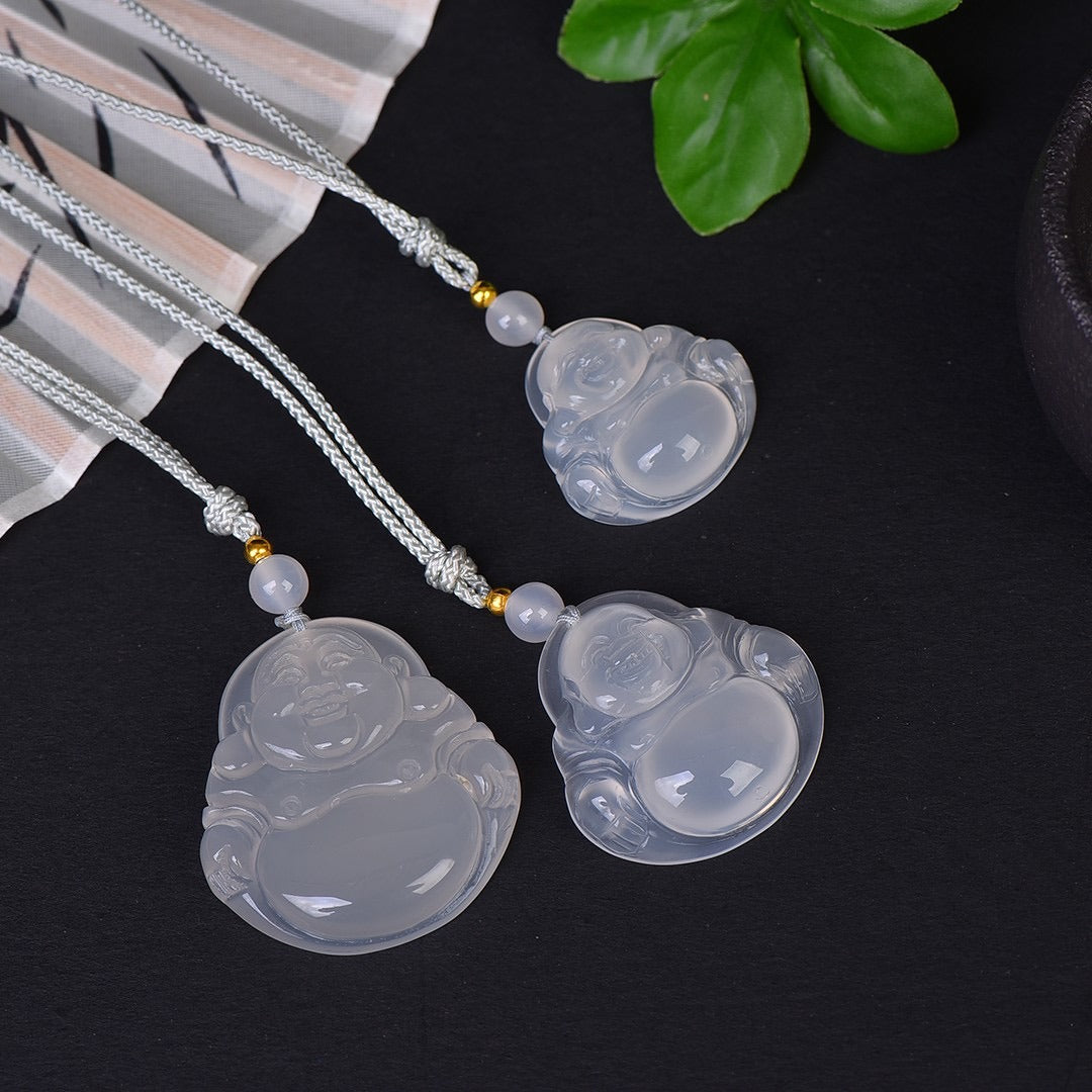 Zen Healing White Jade Good Luck Laughing Buddha Necklace