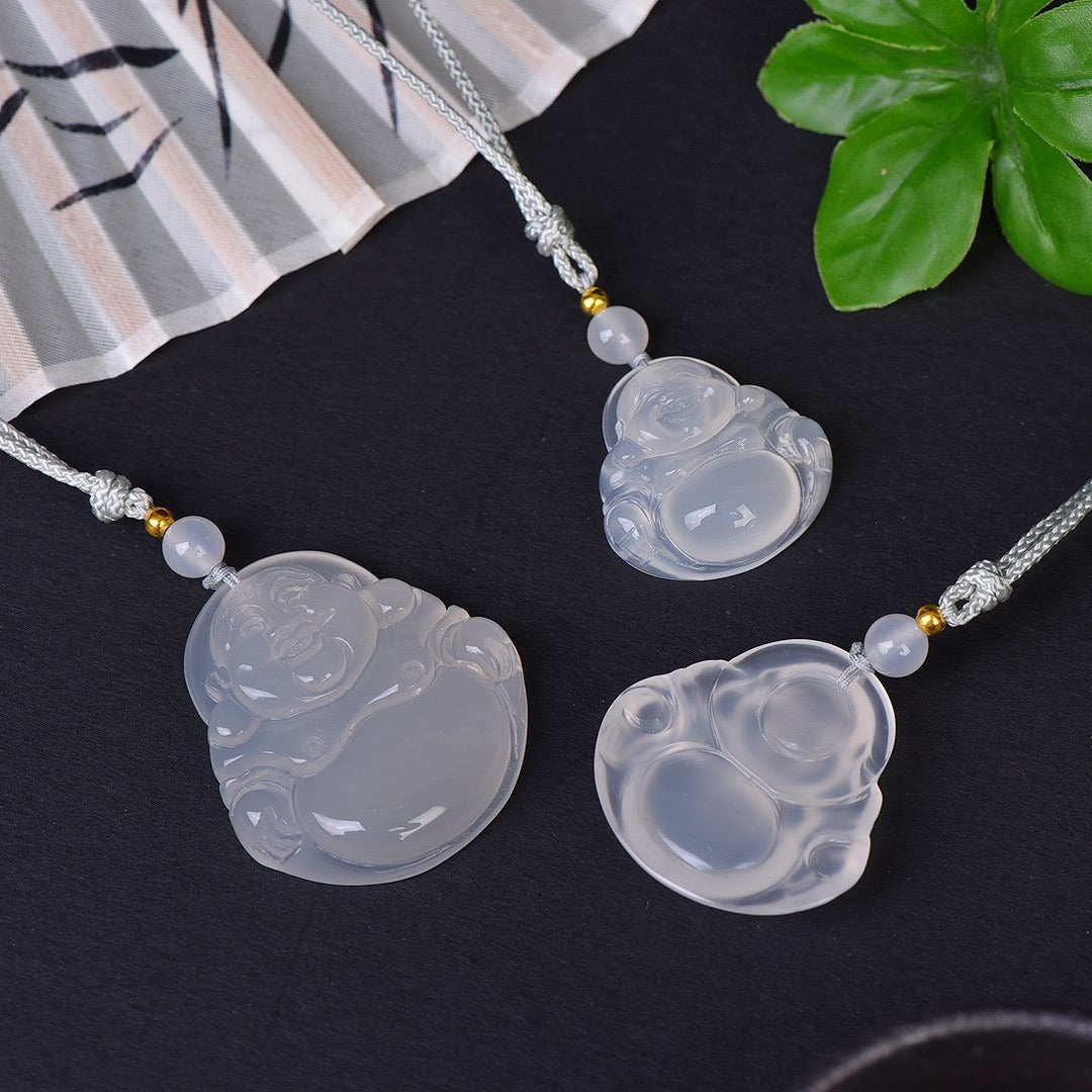 Zen Healing White Jade Good Luck Laughing Buddha Necklace