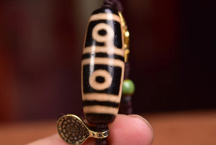 Handmade Tibetan Nine-Eyed Dzi Bead Necklace with Agate Four-Eyed Dzi Bead