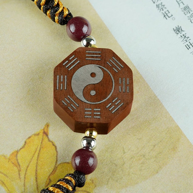 Jujube Wood Silver Vajra Knot Yin Yang Bagua Protection Feng Shui Bracelet