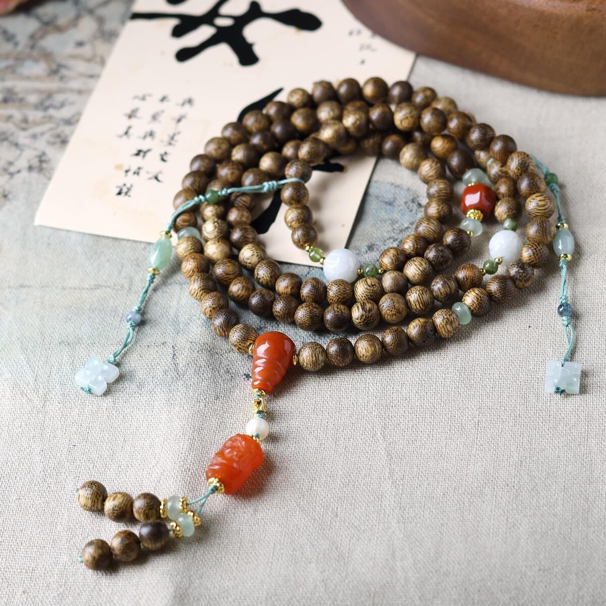 108 Mala Beads Brunei Agarwood Red Agate Jade Peace Strength Bracelet