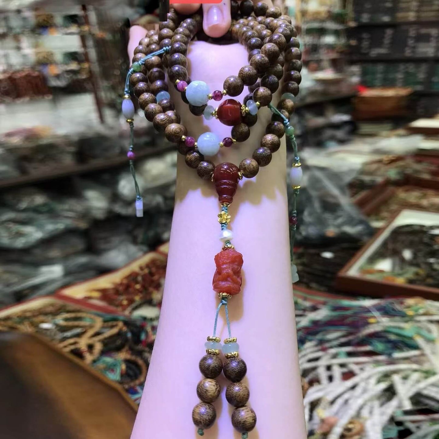108 Mala Beads Brunei Agarwood Red Agate Jade Peace Strength Bracelet
