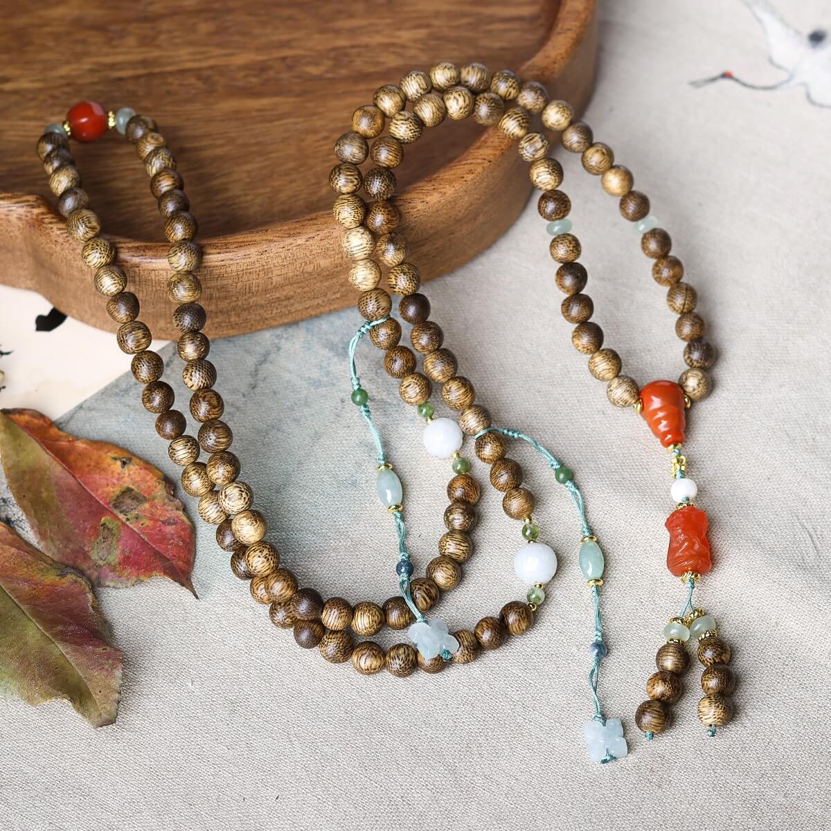 108 Mala Beads Brunei Agarwood Red Agate Jade Peace Strength Bracelet
