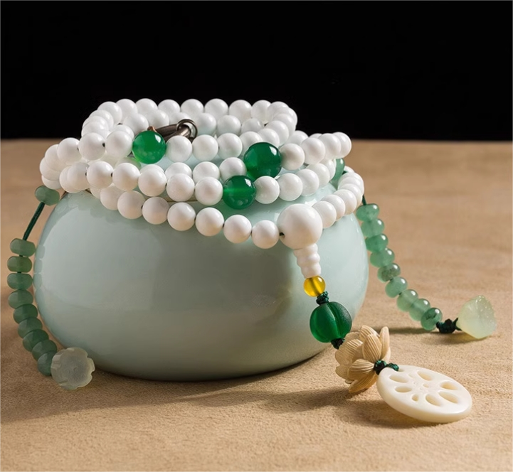 108 Mala Beads Natural Clear Quartz White Agate White Shell Lotus Quadruple Wrap Protection Bracelet