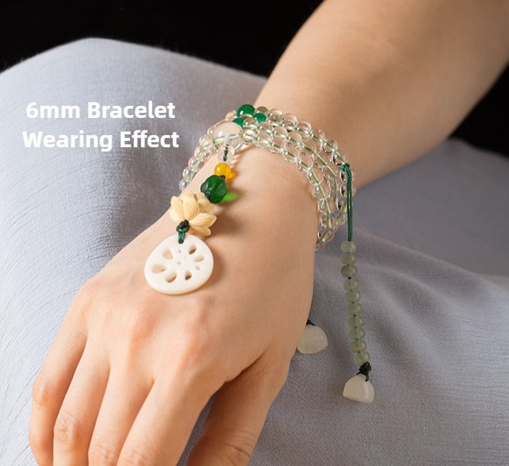 108 Mala Beads Natural Clear Quartz White Agate White Shell Lotus Quadruple Wrap Protection Bracelet