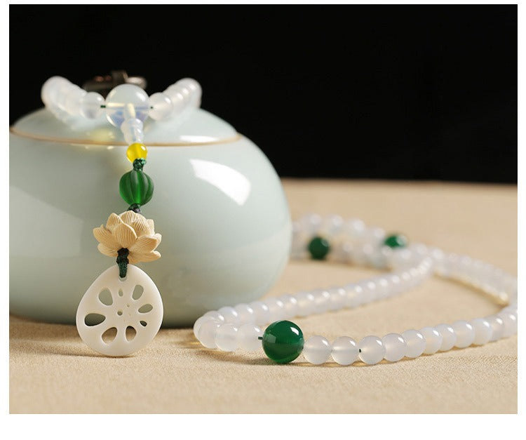 108 Mala Beads Natural Clear Quartz White Agate White Shell Lotus Quadruple Wrap Protection Bracelet