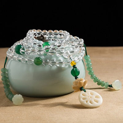 108 Mala Beads Natural Clear Quartz White Agate White Shell Lotus Quadruple Wrap Protection Bracelet