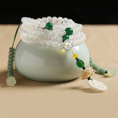 108 Mala Beads Natural Clear Quartz White Agate White Shell Lotus Quadruple Wrap Protection Bracelet
