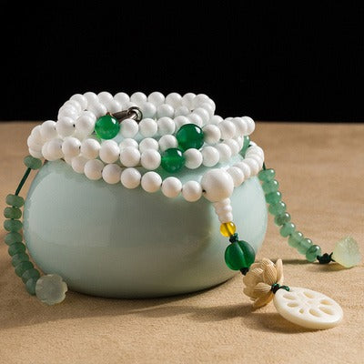 108 Mala Beads Natural Clear Quartz White Agate White Shell Lotus Quadruple Wrap Protection Bracelet