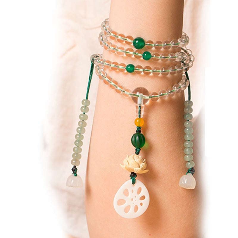 108 Mala Beads Natural Clear Quartz White Agate White Shell Lotus Quadruple Wrap Protection Bracelet