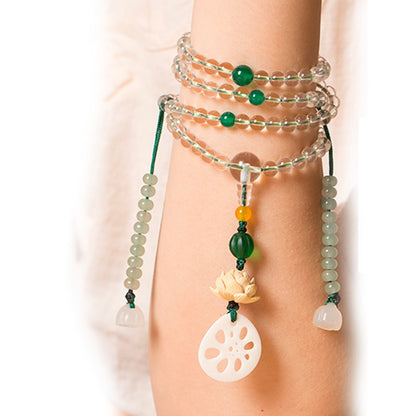 108 Mala Beads Natural Clear Quartz White Agate White Shell Lotus Quadruple Wrap Protection Bracelet
