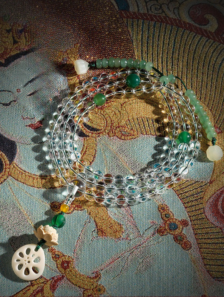 108 Mala Beads Natural Clear Quartz White Agate White Shell Lotus Quadruple Wrap Protection Bracelet