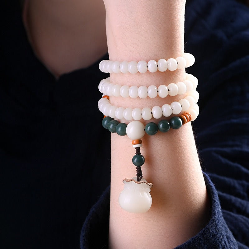 108 Mala Beads White Jade Bodhi Fortune Bag Blessing Bracelet