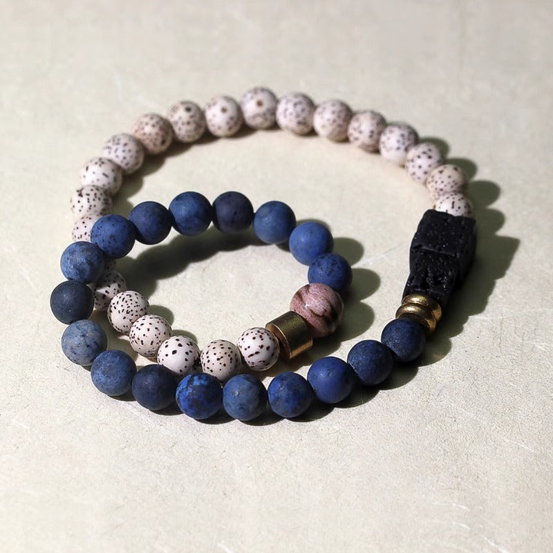 Zen Healing Star Moon Bodhi Sodalite Lava Rock Stone Strength Double Wrap Bracelet